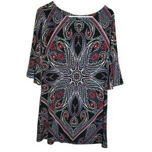 Red Beans & Rice Dress Size M Short 3/4 Sleeve Boat Neck Boho Paisley Black Red